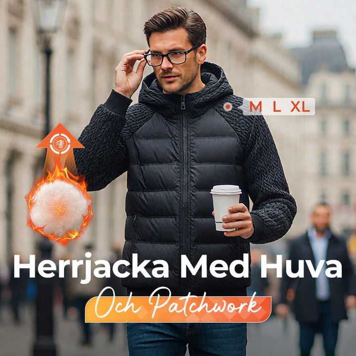 Vindtät, vadderad jacka med huva för herrar