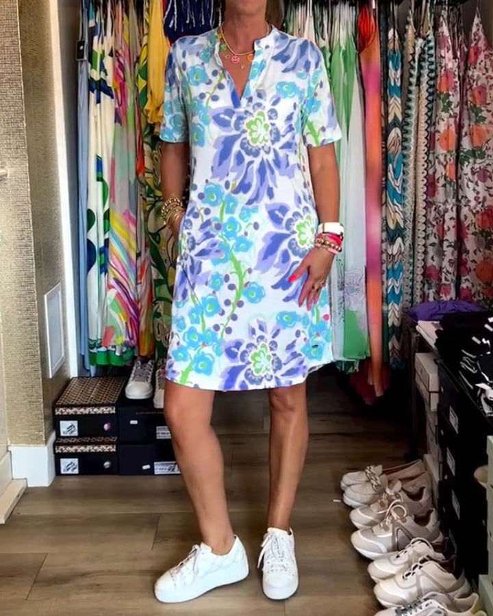 💕Kortärmad klänning med blommönster🌸