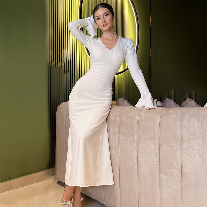 Women's Solid Color Bell Sleeve Tied Slim Fit Dress