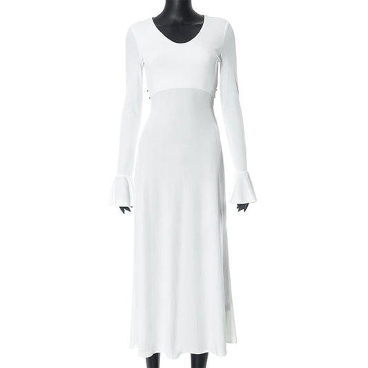 Women's Solid Color Bell Sleeve Tied Slim Fit Dress