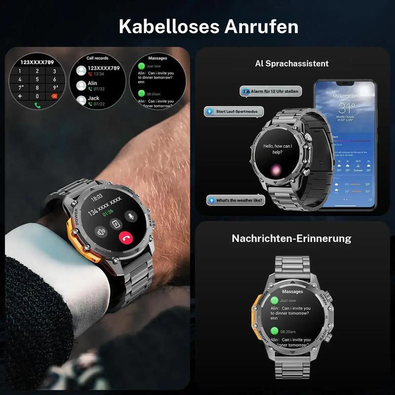 1,52'' HD-smartklocka för män – telefonsamtal och musikstyrning – flera sportlägen – vattentät enligt IP68 – lång batteritid – fitnessklocka för Android och iPhone