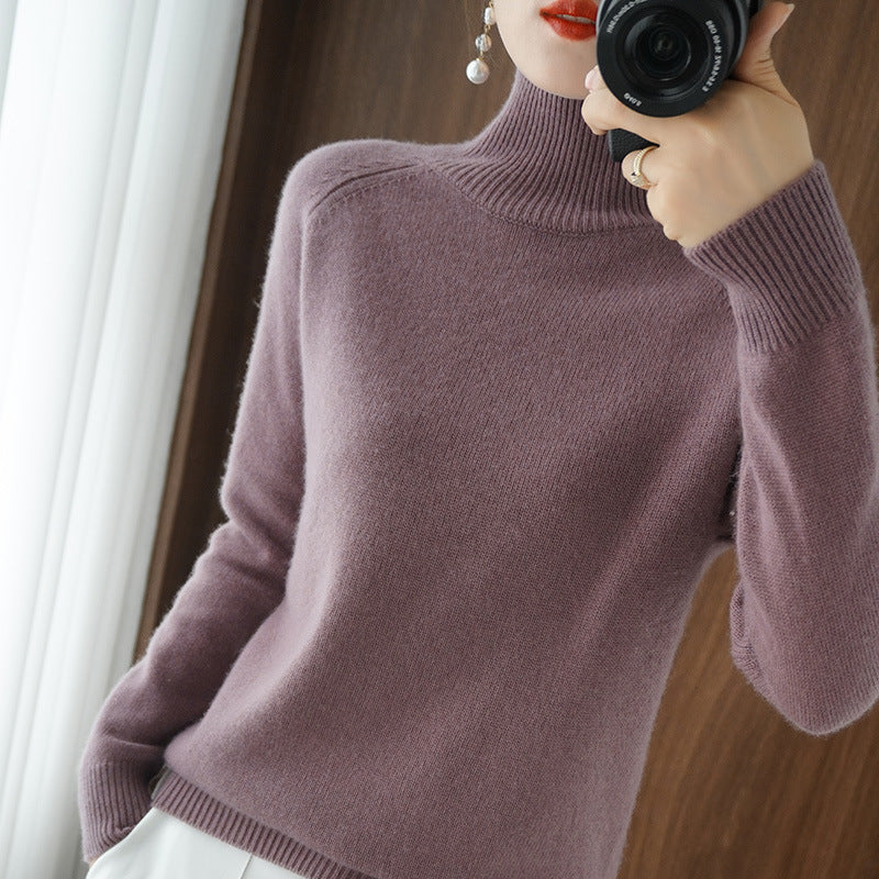 Solid turtleneck imiterad kashmirstickad tröja