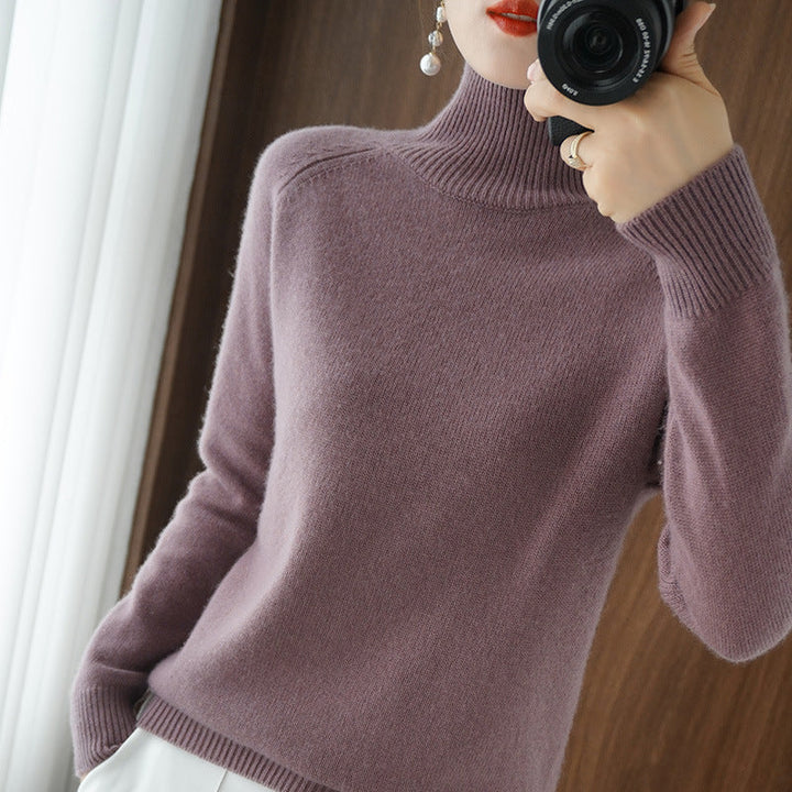 Solid turtleneck imiterad kashmirstickad tröja