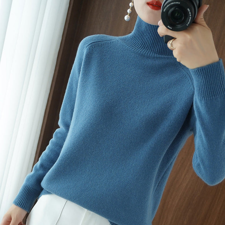 Solid turtleneck imiterad kashmirstickad tröja