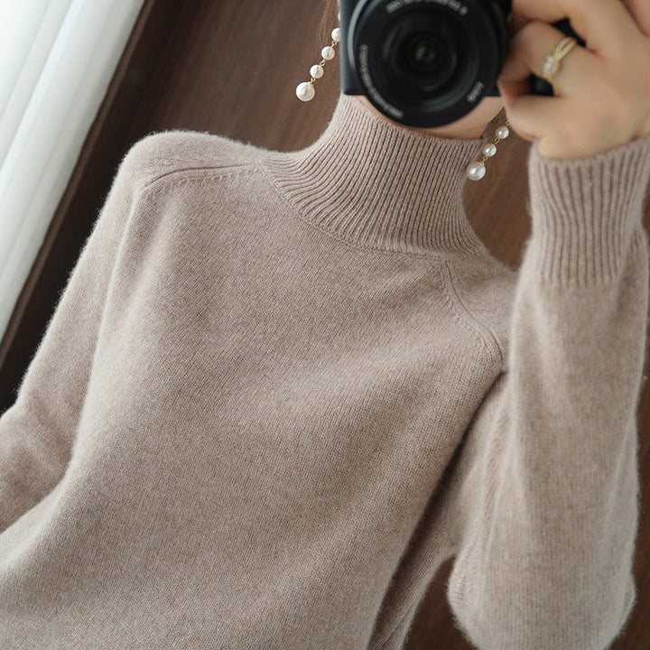 Solid turtleneck imiterad kashmirstickad tröja