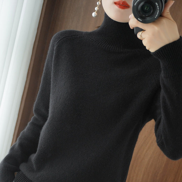 Solid turtleneck imiterad kashmirstickad tröja
