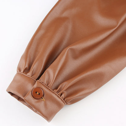Puff Sleeve Top, Women's Leather Shirt, Fashion Blouse