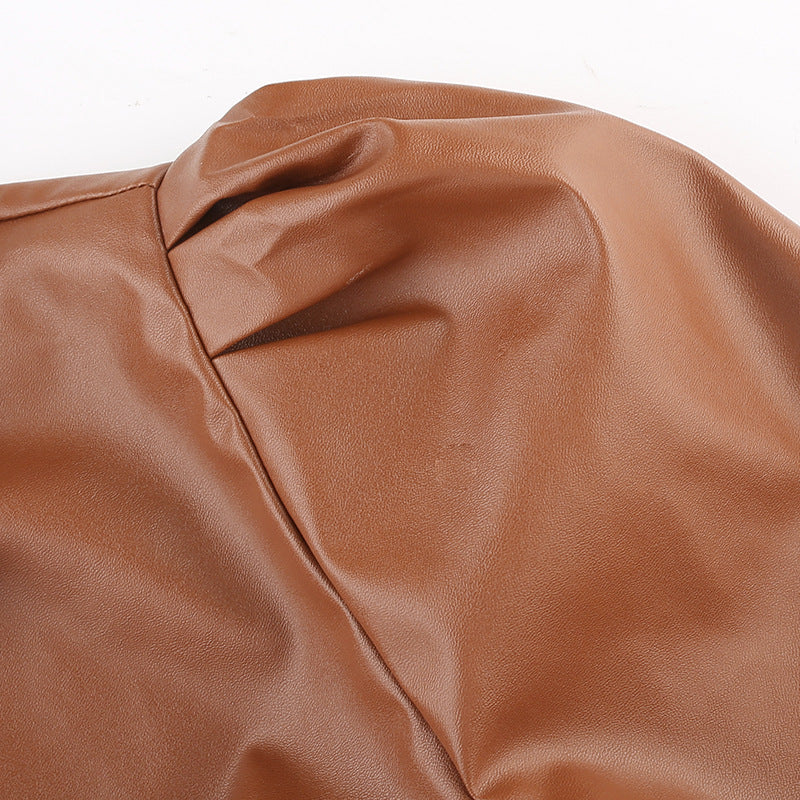 Puff Sleeve Top, Women's Leather Shirt, Fashion Blouse