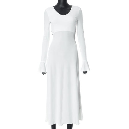 Women's Solid Color Bell Sleeve Tied Slim Fit Dress