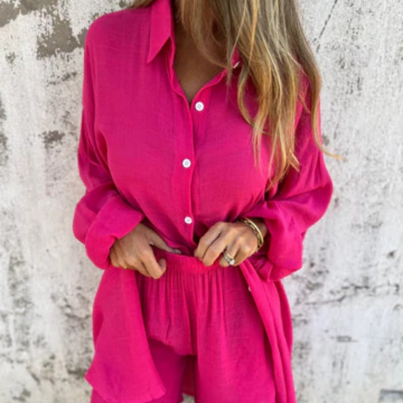 🎉Vårens nya produkter till halva priset -49%OFF🛍️Tvådelat set med långärmad skjorta och shorts för kvinnor