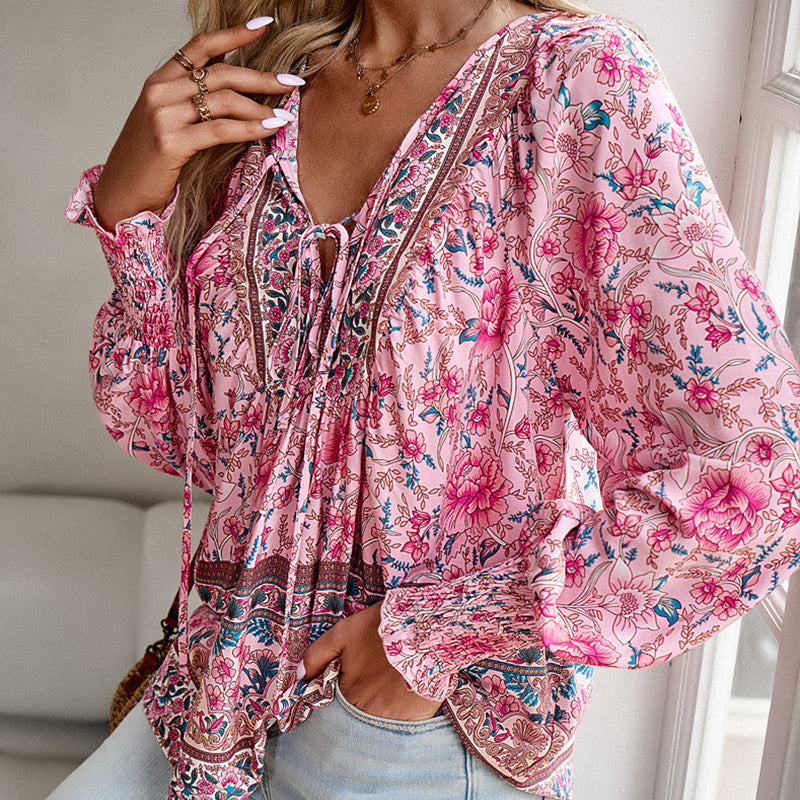 💖Sista dagens försäljning. 50 % rabatt.💖Dammodetydig tryckt v-halsad langärmad skjorta