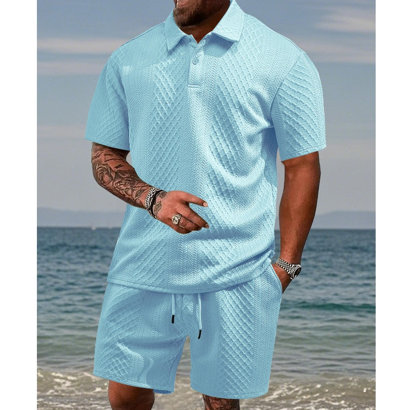 2-delat set med kortärmad topp och shorts med dragsko för män med diamantmönster och nedfällbar krage