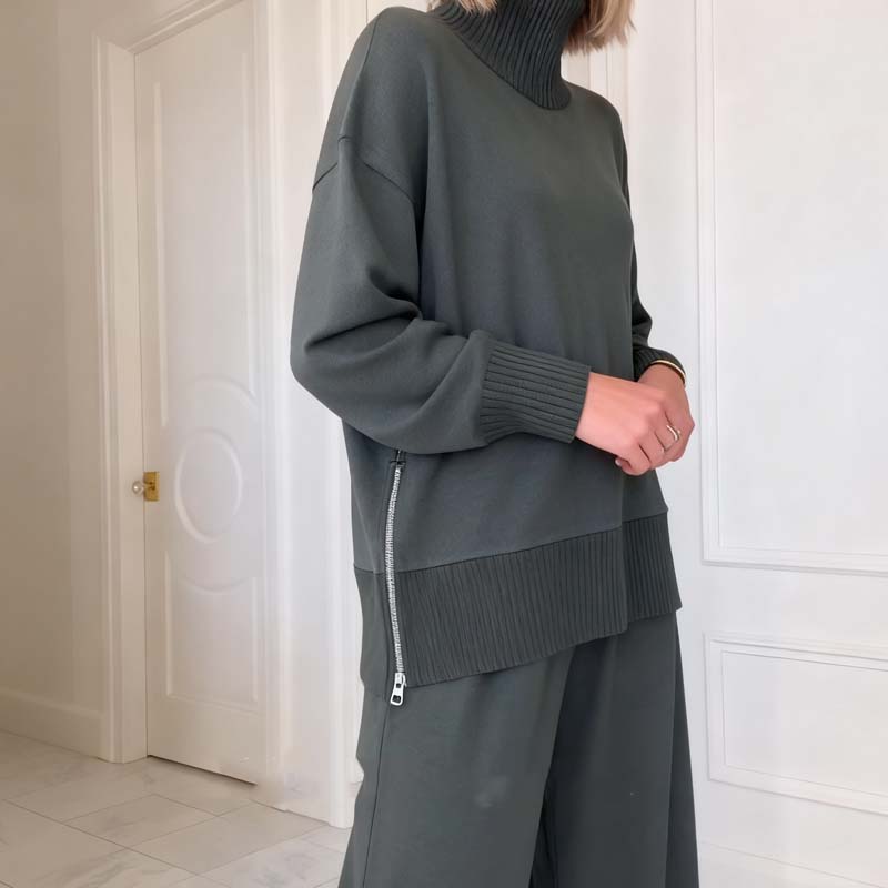 Damtröja med hög hals, sömmar och dragkedja i sidan + byxor, casual kostym