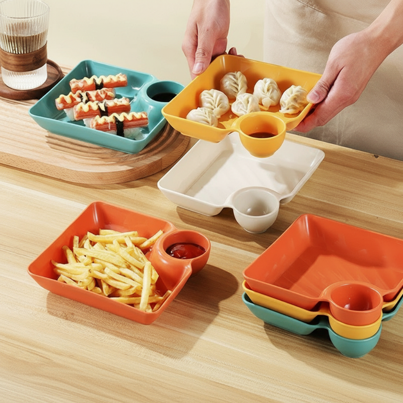 Snacks- och förrättstallrik med såsbehållare