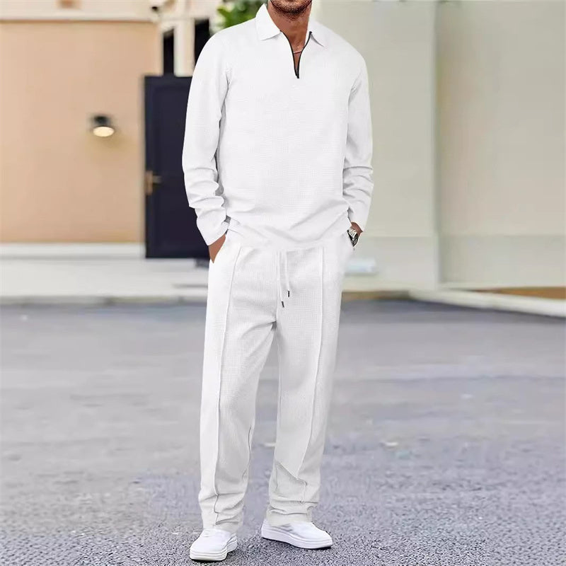 Nu 50 % vårrabatt💥Waffle Tie-Neck Sweater & Straight Leg Pants – Everyday Comfort Set for Men👕👖A set that is comfortable, but not sloppy