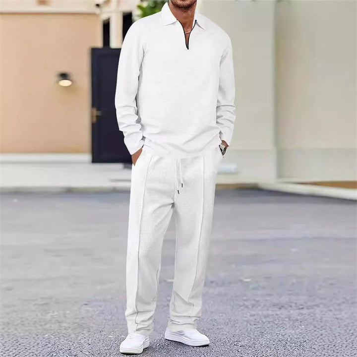 Nu 50 % vårrabatt💥Waffle Tie-Neck Sweater & Straight Leg Pants – Everyday Comfort Set for Men👕👖A set that is comfortable, but not sloppy