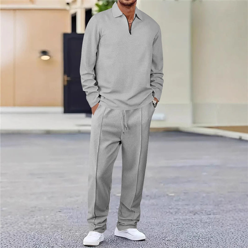 Nu 50 % vårrabatt💥Waffle Tie-Neck Sweater & Straight Leg Pants – Everyday Comfort Set for Men👕👖A set that is comfortable, but not sloppy