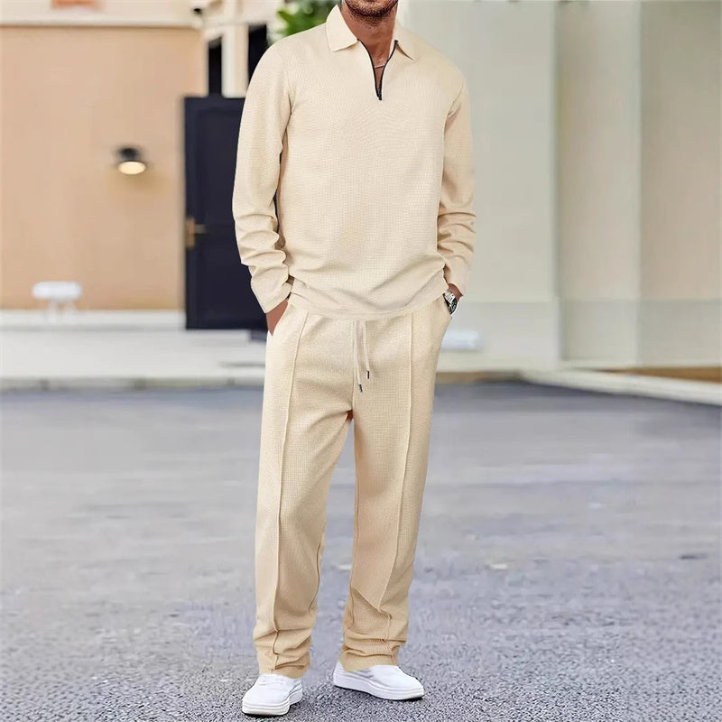 Nu 50 % vårrabatt💥Waffle Tie-Neck Sweater & Straight Leg Pants – Everyday Comfort Set for Men👕👖A set that is comfortable, but not sloppy