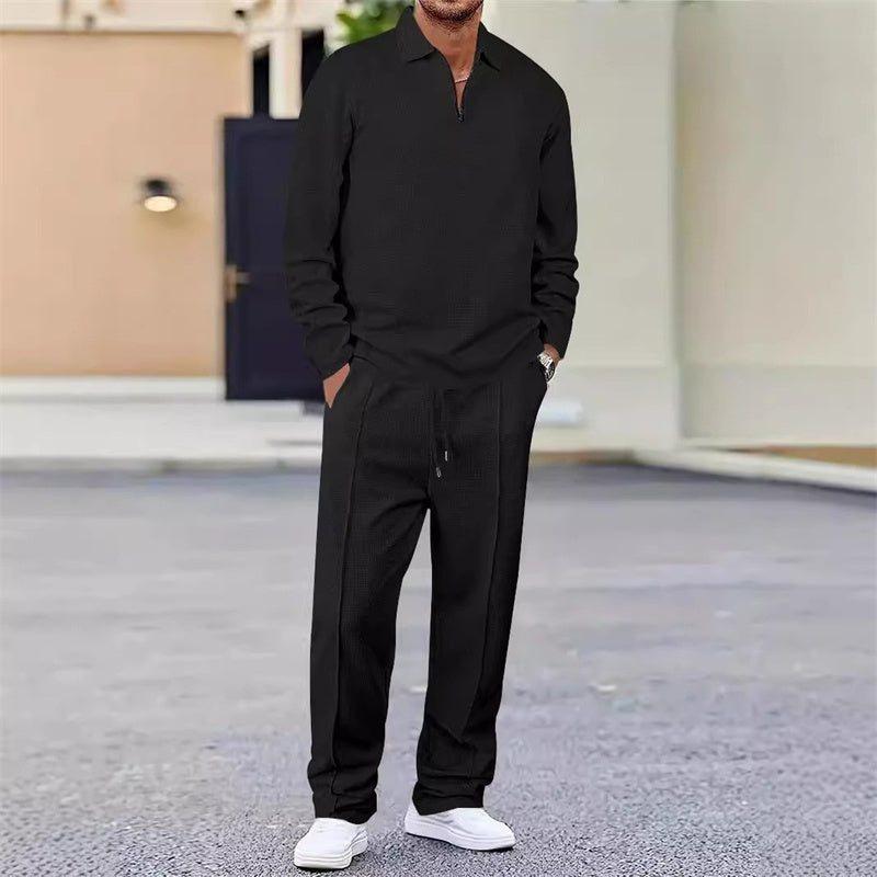 Nu 50 % vårrabatt💥Waffle Tie-Neck Sweater & Straight Leg Pants – Everyday Comfort Set for Men👕👖A set that is comfortable, but not sloppy