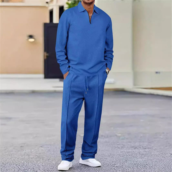 Nu 50 % vårrabatt💥Waffle Tie-Neck Sweater & Straight Leg Pants – Everyday Comfort Set for Men👕👖A set that is comfortable, but not sloppy